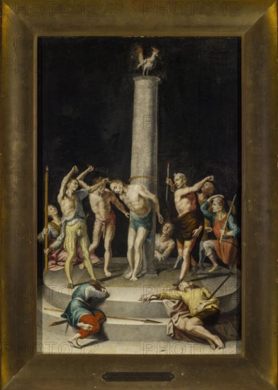 The Flagellation of Christ, Kempener, Pieter de 1503–1580 painter; ca. 1540; oil painting; religious subject: The Flagellation of Christ; features columns and a rooster attribute; height 53.8 cm, width 38.1 cm with frame: height 64 cm, width 46 cm., A framed painting showing a tall pale column centered against a dark background with a white rooster perched on top; a group of people surround the base of the column, several standing and several seated or reclining on circular stone steps. Visible colors include black, dark brown, beige, pale gray, white, flesh tones, muted blue, teal, yellow, ochre, red, pink, brown, and green. The standing figures wear draped garments and cloths in muted blue, yellow, brown, red, and pink, and some are partially unclothed showing flesh tones; a few hold long slender objects. Two figures recline on the steps in blue and yellow garments, one curled up and one lying with an arm extended. The overall composition is vertical, with the pale column and rooster...