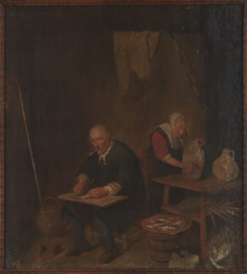 Fish Scraping, Brekelenkam, Quiringh van post 1622/1630–1669/1679 painter; 17th-century Dutch painting; oil on panel; subject: interior scene with women and men scraping fish, wicker baskets and jugs; height 44 cm, width 40 cm., A dimly lit interior scene with brown and dark tones dominates the image, showing a man seated in the foreground wearing dark clothing with a light scarf at his neck and a pipe in his mouth, holding a flat board on his lap and working with his hands; beside him is a woven basket and a long pole leaning against the wall. In the midground a woman with a white head covering and red sleeves leans over a wooden table, handling a round object with textured surface; a large jug with a pale, mottled surface sits on the table. In the lower right there is a wooden tub topped by a plate of fish with silvery sheen, and scattered wooden and pale objects lie on the floor nearby. The background is mostly shadowed brown, with a draped cloth of muted tan hanging on the wall and...