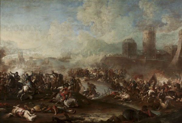 Battle of the Christians with the Turks, Joseph Parrocel 1646–1704, painter; 2nd half of the 17th century; oil painting, battle scene depicting Christians fighting Turks with cavalry, horses, landscapes; dimensions: painting height 114.5 cm, width 167.5 cm; with frame: height 126 cm, width 178.5 cm, thickness 7 cm., A wide landscape painting shows a chaotic battle scene with a group of mounted soldiers and foot soldiers engaged across uneven ground and a shallow river, with several fallen horses and people scattered in the foreground. The sky is filled with expansive clouds and a pale blue tone, blending into distant hazy hills and cliffs. On the right a fortified stone structure with round towers and walls overlooks the scene, while smoke and dust rise near the center and left, partially obscuring the midground. Horsemen wear varied clothing and helmets in muted colors, and several tents or banners appear among the figures. The palette includes blues, grays, browns, tans, reds, and mu...