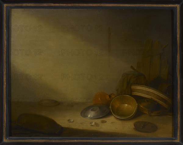 Still Life with Old Vessels, Potter, Pieter Symonsz. 1597 or 1600–1652, painter; 1631; oil painting; subject: still life with vessels, shells, jugs; iconography: Vanitas; materials: paint on panel; dimensions: painting 32.5 × 41.5 cm; with frame 66.5 × 76.5 cm; thickness not recorded., The image shows a still life scene with a muted, dimly lit background in shades of olive green and brown. In the foreground on a wooden surface there is a group of kitchen objects including a brass-colored bowl, a shallow metal lid with a dull gray-silver tone, and a small round terracotta container in orange-brown. Nearby are a few small translucent fragments that catch the light and appear pale and glossy. To the right there is a stack of wooden or woven containers in warm brown and beige tones, and behind them some rough wooden planks in darker brown. On the left foreground a dark, elongated object lies partially in shadow with deep brown and black tones. The overall palette is dominated by brown, oli...