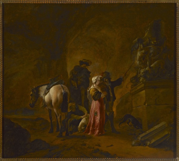 Travelers in the Grotto, Philips Wouwerman 1619–1668, painter; genre scene with horses and grotto with sculptures; oil painting, circa 1640–1643, height 27.8 cm, width 30.3 cm; with frame: height 42 cm, width 45 cm., A dimly lit scene dominated by warm brown and ochre tones shows a group of people and animals gathered near a large stone pedestal with a sculptural relief. In the center a woman in a pale head covering and a long pink dress with yellow sleeves stands facing slightly to the right, her hands held near her chest. Beside her a man in dark clothing and a hat gestures toward the sculpture with an outstretched arm. A crouching figure in muted clothing attends to a dog at their feet while another figure in a dark cloak sits on or near a horse that stands with a saddle. A second horse, pale with darker mane and tail, is turned away from the viewer on the left. A dark-colored dog or animal is near the pedestal on the right. The background is shadowy with swirling textures of deep b...