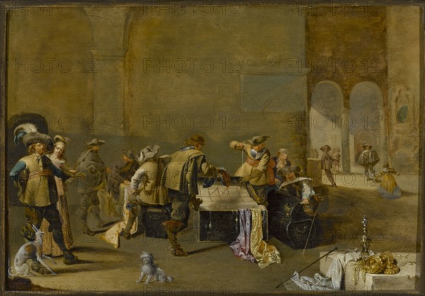 Guardhouse, Duck, Jacob 1600–1667 painter. Dutch painting, genre scene in an interior depicting women, soldiers, dogs, trunks and valuables; multi-figure scene. Date: 1630s. Medium: painting. Dimensions: 32.5 cm × 47 cm with frame: 49 cm × 63 cm., A large interior scene with warm brown and beige walls and floor, featuring a group of people in period clothing gathered around a central table or chest draped with colorful fabrics in pale yellow, lavender, and pink tones; several figures wear hats with feathers and garments in muted greens, tans, blues, and off-white, and one figure appears to be holding a string of beads. In the foreground a small white curly-haired dog and a larger white-and-gray dog sit on the floor near a standing couple dressed in pale and dark clothing, while to the right a seated man in dark clothing and a wide-brimmed hat leans on a cane beside trunks and chests. Near the bottom right corner a display of metallic objects in gold tones sits atop a raised surface nex...