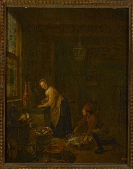 In the Kitchen, Sorgh, Hendrick Martensz. ca. 1610–1670 painter, Dutch painting, genre scene in an interior depicting a kitchen with women, men, fish and work; dated 1643; painting; height 46.3 cm, width 38 cm; with frame: height 70.5 cm, width 59.5 cm, thickness 9 cm., A dim interior scene shows a woman and a man near a window with leaded panes; the woman stands by a stone basin while the man kneels beside a basket of fish on the floor. The woman wears a light-colored bodice and apron over a dark skirt, and the man wears a reddish cap and brownish outer garment with dark stockings. On the floor are a few baskets and bowls containing fish and a pale poultry bird, along with several kitchen vessels in muted brown and copper tones. To the left a wooden table or shelf holds jugs and a hanging piece of meat; a woven birdcage hangs from the ceiling in the darker central area. The overall palette is composed of deep browns, dark blues, muted reds, ochre, and touches of pale flesh tones and d...