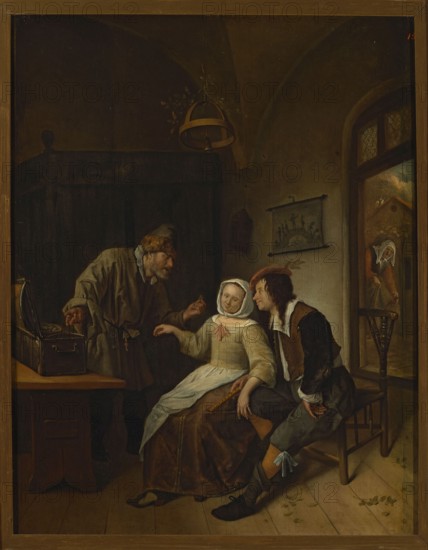 The Choice Between Youth and Wealth, Jan Steen 1626–1679, oil painting, 1661–1663. Subject: mismatched couple; genre scene in an interior with costumes and theater stylizations; includes landscapes and men's costumes. Dimensions: painting 63.5 × 51.5 cm; with frame 84 × 70 cm., A dimly lit interior scene shows a group of people gathered near a window, with warm brown and ochre tones dominating the room and touches of white, gray, black, and muted red. A few wooden furniture pieces are visible, including a large dark wooden cupboard or bed in the background and a wooden table with a small open chest on it. A seated woman wearing a white head covering, a pale top with a pink bow at the neck, and a brown skirt occupies the center; she holds a small flute-like object and has a pale face and neutral expression. A man in a dark brown coat and hat leans in toward her from the left, gesturing with his hands; he has a beard and wears muted gray and brown clothing. Another man sits on a wooden c...