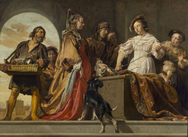 Achilles among the Daughters of Lykomedes, Jan de Braij ca. 1627–1697, painter; 1664. Oil painting, 129 x 179 cm. Depicts Achilles mythology among the daughters of Lykomedes mythology; includes Odysseus mythology; mythological scene with landscapes; themes from Ovid's Metamorphoses and Statius's Achilleis. Elements: jewelry, fashion, women's and men's costumes, theatrical stylings, weapons and bladed weapons., A group of people stand and kneel closely together on a stone platform in an interior with a large arched opening showing a pale sky; a woman in a long flowing gown of gold and red stands near center left with a draped cloak, a younger figure in a white dress and feathered headpiece stands to the right holding a thin sword, and several onlookers in muted brown and ochre clothing cluster between and behind them with varied faces and expressions. A man carrying a woven basket filled with metallic objects and fabrics stands at far left wearing a dark tunic, while a small child with ...