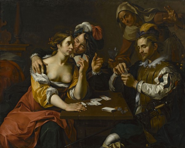 Card Game, Crabeth, Wouter Pietersz., II ca. 1594–1644 painter, genre scene in an interior, brothel, after 1626, Dutch painting, Caravaggism style, costumes, card game; painting; dimensions: height 134.7 cm, width 169 cm; with frame: height 154 cm, width 190 cm., A scene shows a group of people around a wooden table with playing cards and coins; one person in the foreground wears a dress with yellow sleeves and a red skirt, her exposed skin pale, and she leans toward another person who wears a dark outfit with a plumed hat in black, white, and red, and who holds cards close to her and touches her shoulder. Another person at the table wears a garment with white sleeves and a brownish-gold vest, a lace collar, and a headpiece with yellow and purple, and he handles cards. A fourth figure in the background wears a hooded garment in muted beige and brown tones and raises a hand while holding a glass. The table is brown and the scene includes dark green and black shadows, with touches of whi...