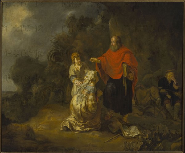 The Prophet Elisha and the Shunammite on Mount Carmel, Gerbrand van den Eeckhout 1621–1674, painter; 1649; oil painting; Dutch biblical scene depicting Elisha and the Shunammite Old Testament, figurative depiction., A painted scene shows a group of people outdoors in a dim, earthy landscape with dark green and brown trees and foliage in the background and a cloudy gray sky. In the foreground a standing figure wearing a bright red cloak and dark clothing extends a hand toward a kneeling woman dressed in pale, creamy gold and bluish clothing with a white head covering; a second standing figure in muted beige and brown garments and a yellowish headwrap stands beside them with hands near the kneeling woman. To the right a seated figure in dark clothing and a light hat rests near a reclining donkey in brown tones. On the ground near the central figures there is an open book with pages rendered in light cream and gray, and a wooden staff and some leafy plants in green and brown hues lie near...