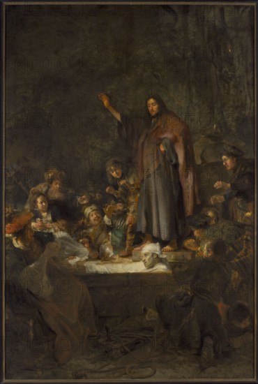 The Raising of Lazarus, Fabritius, Carel 1622–1654 painter; ca. 1643; painting; biblical scene depicting Lazarus and Jesus Christ; Dutch painting; St. Alexander's Church Warsaw; height 210 cm, width 140 cm; with frame: height 232 cm, width 164 cm, thickness 11.5 cm., A dimly lit scene shows a group of people gathered around a raised platform where a barefoot man in a long brown cloak and gray robe stands with one arm raised; his face and hands are visible and his expression appears solemn. Around the platform a varied crowd wears clothing in shades of brown, gray, green, blue, and muted red, with a few hats and head coverings in white and orange; several faces are turned toward the central figure and a few people reach or gesture with their hands. In front of the platform there is a partially visible figure wrapped in white cloth lying in a stone trough with a nearby head covered in white fabric; the trough and surrounding ground are rendered in dark browns and grays with scattered obj...