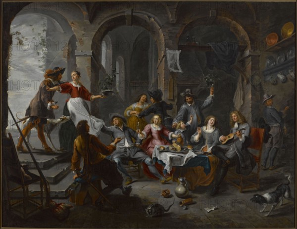 Social Scene Allegory of the Five Senses, Herp, Willem van 1613/1614-1677 painter, food, genre scenes, genre scenes in the interior, wine, Flemish painting, dogs, cats, allegories, fun, five senses allegory, architecture, 17th century, painting, height 176 cm, width 229.5 cm, A large interior scene shows a group of people gathered around a table in a dim, arched stone room with high openings and worn walls; the scene includes a few women and several men in period clothing with varied poses and expressions, one woman standing in a red top and white apron holding a tray, another woman in a pink dress seated at the table, a man playing a stringed instrument while sitting on a chair, and a man raising a small tree or plant. The table is covered with a white cloth over a darker cloth and holds plates and a jug, and nearby on the floor are vessels, a small box, and scattered objects. A couple of dogs and a cat appear on the floor, and a man near a stairway gestures toward the standing woman ...