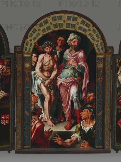 Ecce Homo Triptych, donor portraits on the wings, Heemskerck, Maarten van 1498-1574 painter, Ecce homo iconography, Pontius Pilate prefect of Judea; fl. 26–36, Jesus Christ Bible, religious scenes, Margaret the Martyr St.; ?–ca. 303–305, Netherlandish painting, John the Evangelist St.; ?–ca. 100 - iconography, portraits, chalice attribute, dragon attribute, Jan van Drenckwaerdt ?–1549, Margaretha de Jonge van Baertwyck ?-1542, female portraits, male portraits, triptychs, 1544, painting; dimensions — central part: height 167 cm, width 88.9 cm, thickness 13 cm; with frame: height 188.6 cm central part, width 132.7 cm central part, thickness 13 cm; right wing: thickness 5.5 cm, height 183.5 cm, width 64.8 cm; left wing: thickness 5.5 cm, height 183.5 cm, width 62.5 cm., A painted scene framed by an ornate archway with decorative blue, gold, and tan patterns shows a group of figures in dramatic poses. In the center a nearly nude figure with a crown made of thin twigs stands with hands boun...