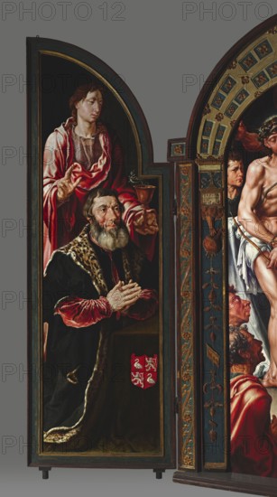 Ecce Homo Triptych, donor portraits on the wings, Heemskerck, Maarten van 1498–1574 painter, Ecce homo iconography, Pontius Pilate prefect of Judea; fl. 26–36, Jesus Christ Bible, religious scenes, Margaret the Martyr St.; ?–ca. 303–305, Netherlandish painting, John the Evangelist St.; ?–ca. 100 - iconography, portraits, chalice attribute, dragon attribute, Jan van Drenckwaerdt ?–1549, Margaretha de Jonge van Baertwyck ?-1542, female portraits, male portraits, triptychs, 1544, painting, central part: height 167 cm, width 88.9 cm, thickness 13 cm, with frame: height 188.6 cm central part, width 132.7 cm central part, thickness 13 cm, right wing: thickness 5.5 cm, height 183.5 cm, width 64.8 cm, left wing: thickness 5.5 cm, height 183.5 cm, width 62.5 cm, A painted panel showing a kneeling older man with a gray beard wearing a dark robe trimmed with a spotted fur and red velvet sleeves, his hands clasped in front of him, with a standing younger figure behind him dressed in flowing red an...