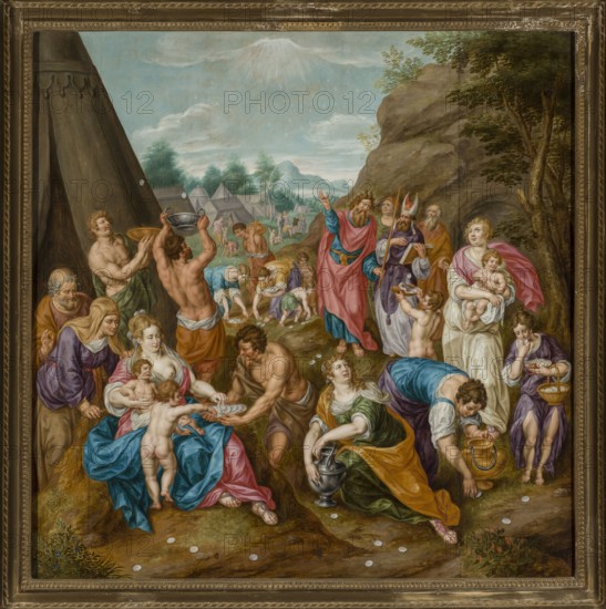 Gathering Manna, Clerck, Hendrik de ca. 1570–1630 painter workshop replica; 1st half of the 17th century; oil painting, height 88 cm, width 86 cm with frame: height 105 cm, width 104 cm, thickness 9.5 cm. Subject: Gathering of manna Bible on Mount Horeb — Moses, Aaron, men, women, children; tents; Flemish painting; replicas; purchase provenance., A painted scene inside a decorative frame shows a group of people gathered outdoors by rocky terrain and trees beneath a cloudy sky; several tents sit in the background. A variety of figures in flowing garments and drapery occupy the foreground, including men with bare torsos, women in long dresses, and children, some being held and some standing or reaching. One central seated woman in blue and pink holds a child while a nude toddler stands at her knees; nearby a muscular man reaches toward them with a shallow dish. Another woman in green and orange holds a large metal pitcher. A robed man in pink and blue raises his hand beside a bearded fig...