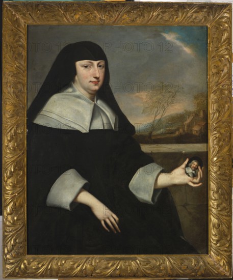 Portrait of a Widow with a Miniature in Hand Maria Felice Orsini 1600–1666?, attributed to Henri Beaubrun 1603–1677 circle and Charles Beaubrun 1604–1692 circle. After 1632. Oil painting, 102 cm × 80.3 cm. French portrait of a woman against a landscape background; widow; holding a miniature., A portrait of a person wearing a black habit and a white collar and cuffs seated against a muted landscape background with a cloudy sky and distant trees and buildings; the person has a pale face with dark hair partially covered by the habit and a neutral expression; one hand rests on their lap while the other hand is extended holding a small painted round object showing another face; the painting is set within an ornate gold frame with carved leafy patterns and worn gold tones, and visible colors include black, white, gold, pale skin tones, gray, blue, green, brown, and muted pink.