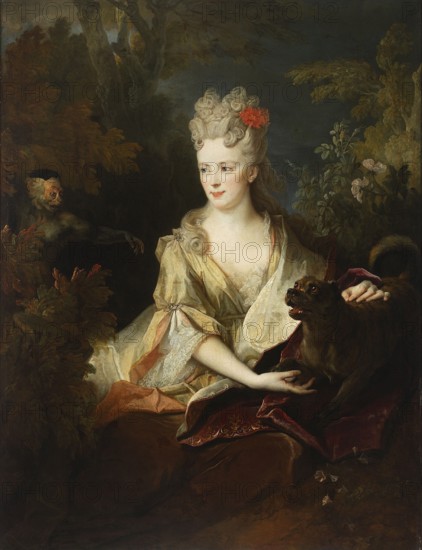 Portrait of a Lady with a Dog and a Monkey, by Nicolas de Largillière 1656–1746, French painting, portraits, female portrait, monkey, oil on canvas, c. 1700–1720; 135 × 106 cm., A seated woman with pale skin and powdered hair styled in curled updos with a red flower at the side wears a flowing silk gown in shades of cream, pale gold, and soft pink with lace trim; she looks slightly to her right with a calm expression and has one arm resting on draped fabric while the other reaches toward a dark brown dog with an open mouth and visible teeth that sits beside her on a deep red velvet cloth; behind her are leafy green and brown trees and bushes, and to the left among foliage a small monkeylike creature with a pale face and dark fur peers out, its arm extended; the overall palette includes cream, gold, pale pink, red, brown, green, and dark gray tones.