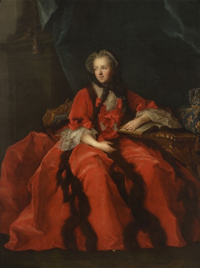 Portrait of Queen Maria Leszczynska, Jean-Marc Nattier 1685–1766 painter copy, French painting, portraits, female portraits, portraits en pied, Maria Leszczynska Queen of France; 1703–1768, ca. 1770, painting, A seated woman wearing a large red dress with dark fur trim and white lace cuffs and collar, a black headscarf over a lace cap, pale skin and a neutral expression, resting one hand on an open book on a wooden table and the other in her lap, sitting on an ornate carved chair with gold and blue upholstery, a dark teal drapery hanging behind her and a dark, shadowed background with muted brown and black tones.