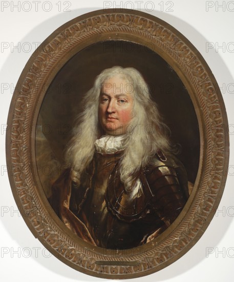Portrait of General Bardo-Bardi Magalotti 1630–1705, by Nicolas de Largillierre 1656–1746, before 1693. Oil painting, height 82 cm, width 66 cm. Male portrait; inscription/history: Stanislaw August Poniatowski King of Poland; 1732–1798 noted in provenance/restitution., An oval portrait painting of a person with long pale gray hair wearing dark metallic armor and a white ruffled collar, set against a dark brown background and enclosed in a carved wooden oval frame with brown and gold tones; the subject's face shows fair skin with pinkish cheeks and neutral expression, the hair is light gray and slightly wavy, and the armor has reflective brown and bronze highlights with darker shadows.