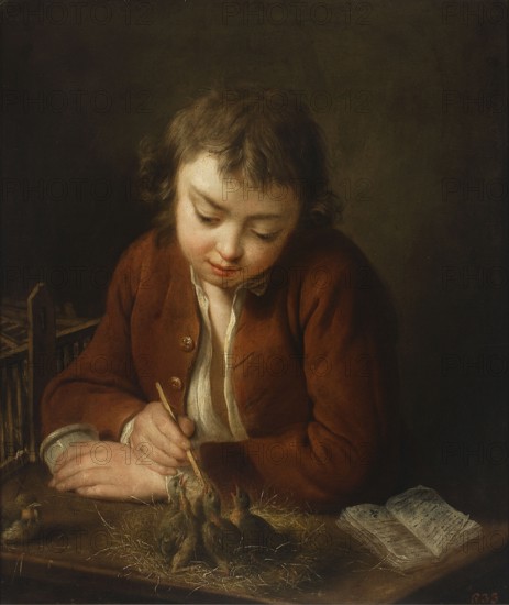 Boy Feeding Chicks, Charpentier, Jean-Baptiste 1728–1806, French painting, genre scene in the interior, 1764, oil on canvas, painting, height 64 cm, width 55 cm, A young person with light skin and brown hair leans over a wooden surface wearing a brown coat and a light-colored shirt, looking down with a gentle expression; a group of small grayish-green chicks sit in a nest of straw on the surface while the person extends a thin stick toward them; a small bird perches near the edge of the table and a book with visible pages lies nearby; the background is dark with deep brown and muted green tones and the scene is lit with warm, soft light highlighting skin, fabric, and straw.