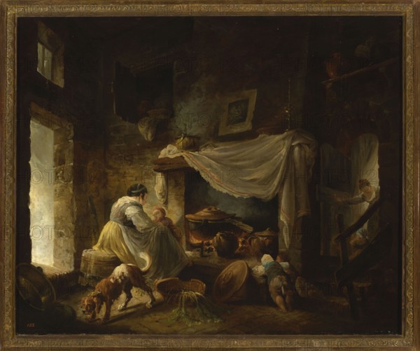 Peasant Kitchen in Ruins Italian Cuisine, Robert, Hubert 1733–1808 painter, French painting, genre painting, kitchen interior, 1760–1765, oil painting, 60 × 75 cm, A dim interior scene shows a stone-walled room illuminated by warm firelight and pale daylight from an open doorway; a woman in a dress with a yellow skirt and light-colored apron sits on a wooden barrel near the hearth, holding a small child wrapped in pale cloth, while another child leans toward the hearth where large brown pots and pans sit over glowing embers. A dog with brown and white fur sniffs the floor near scattered kitchenware and a toppled bowl with green leafy vegetables spilling out, and a pale draped cloth hangs across the hearth above a wooden mantel. In the darker right side, a figure peeks through a half-open wooden gate, and a staircase and shelves with pottery recede into shadow; overall the colors include warm browns, ochres, muted yellows, pale creams, deep greens, and soft grays.