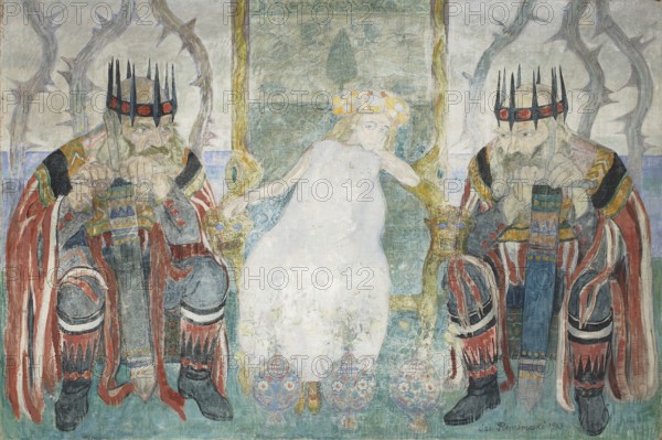 Enchanted Girl, Rembowski, Jan 1879–1923 painter, Young Poland style, 1913, painting; dimensions: height 84.5 cm, width 126 cm; with frame: height 94 cm, width 135.5 cm, thickness 4.5 cm., A pale scene shows a central figure in a white dress seated on a decorative throne with gold tones, flanked by two large bearded figures wearing tall black crowns with red accents and robes in red, gray, blue, green, and yellow patterns; the central figure has light colored hair adorned with a wreath of yellow and orange flowers and rests one arm on the throne arm while the other hand touches a small gilded animal head on the armrest. The two flanking figures wear layered garments with patterned bands and tassels, dark boots, and hold their hands near their faces, each throne arm featuring a carved animal head with blue eyes; the background includes muted grays, blues, and greenish tones with thornlike shapes rising behind the figures and a textured floor showing shades of green and blue, and several...