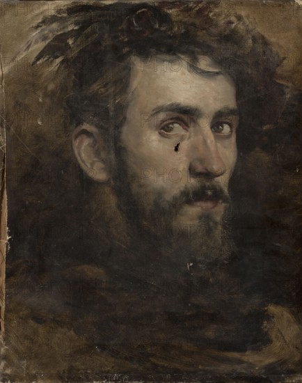 Self-portrait, Myszkowski, Józef 1861-1891 painter, author, self-portrait, bust portrait, three-quarter view, portrait of an artist; subject with beard and mustache; sketch/painting, ca. 1860s; height 42 cm, width 33 cm., A painted portrait of a man's head and shoulders showing a neutral expression, visible facial hair including a beard and mustache, short dark hair, and prominent eyes looking slightly to the side; the skin tones include pale flesh and subtle warm highlights, and there are dark shadows on the face. The background is a mix of deep brown and black with textured brushstrokes, and the clothing or surrounding area blends into dark brown and black tones. The hair and beard show black and dark brown shades, and there are a few lighter brown and beige highlights on the skin and in the hair. The overall palette consists of dark brown, black, beige, pale flesh, and muted warm tones.