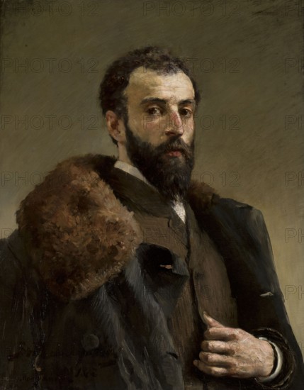 Portrait of Feliks Cichocki by Stanislaw Radziejowski 1863–1950, 1887. Oil painting, 67 × 54 cm. Three-quarter bust portrait of Feliks Cichocki 1861–1921 — male artist depicted wearing furs, with beard and mustache., A painted portrait of a man with dark hair and a full dark beard, shown from the waist up against a muted olive background; he wears a dark coat with a large brown fur collar and a brown vest beneath, and his pale hand is visible near his chest; the visible colors include shades of brown, dark gray, black, olive, beige, and pale flesh tones.