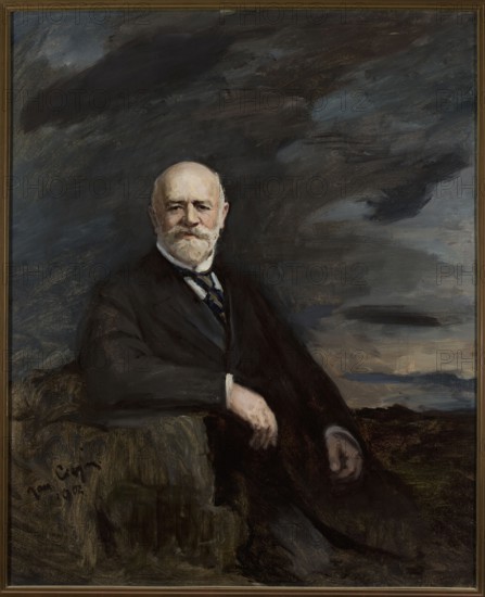 Portrait of Jan Bloch, Ciaglinski, Jan 1858–1913 painter / author, Young Poland style, portraits, male portraits, portraits against the sky, portraits in an armchair, gray-haired men, mustaches, beards facial hair, Bloch, Jan Gottlib 1836–1902 - iconography, 1902, painting, height 141.5 cm, width 115 cm, A painted portrait of an older bald man with a white beard and mustache seated against a dark, cloudy background; he wears a dark suit and a white shirt with a patterned tie, and one hand rests on a stone or textured surface while the other is relaxed in his lap. The color palette includes dark browns, deep blacks, muted grays, and touches of white and flesh tones, with some blue and lighter gray in the sky and subtle greenish-brown in the foreground.