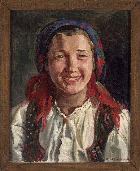 Head of a Peasant Woman, Wodzinowski, Wincenty 1866–1940 painter, peasant women, portraits, women's portraits, folk costumes, after 1920, painting, height 33 cm, width 27 cm, A painted portrait of a smiling young person shown from the chest up, wearing a patterned headscarf with blue and red tones and long red hair peeking out; they wear a white blouse with a textured, ruffled collar and a dark vest with red and green accents. The background is dark with charcoal and deep blue brushstrokes, and the painting is set inside a simple brown wooden frame. The visible colors include skin tones, red, blue, green, white, brown, black, and hints of pink.