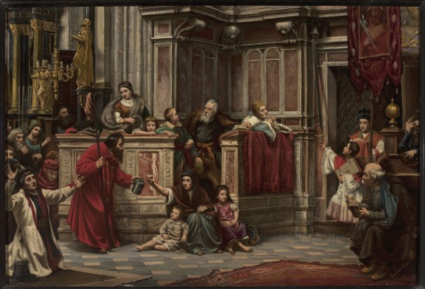 Scene in a church — Sacrifice by Edward Lepszy 1855–1932, painter; figurative church interior genre scene in academism style, oil painting, before 1900; dimensions: height 61 cm, width 90 cm., A scene inside an ornate interior shows a group of people gathered around a raised stone platform with carved panels and red drapery; a few children sit on the floor and on the platform, one child barefoot in light clothing and another girl in a pink dress beside a seated woman wearing dark and teal garments and a brown head covering, while a man in a long red robe holding a staff and a container leans toward them. Behind the platform, a woman in fur-trimmed clothing stands beside a couple of children, and an older bearded man in dark clothing and a fur cloak stands leaning on the railing near a woman in pale blue and gold who rests her arms on the red cloth. To the right, a young acolyte in white and red holds up a small object toward a robed figure and stands near another officiant in a dark ha...