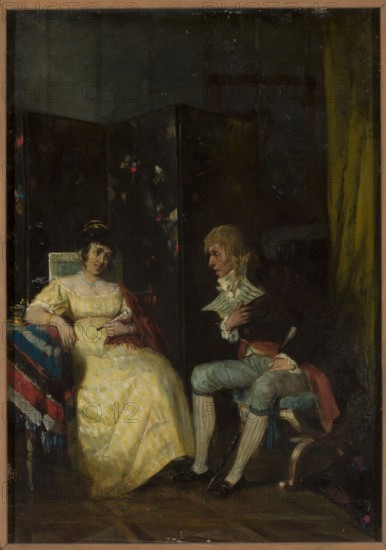 Conversation, Henryk Piatkowski 1853–1932, painter; court scenes, interiors, furniture; historicism; interior view; 1875; painting; 34 x 24.5 cm, A painted scene of an interior with a seated woman and a seated man facing each other, the woman wearing a pale yellow dress with a red shawl draped beside her and a light blue necklace, and the man dressed in darker clothing with light-colored breeches and stockings; a dark folding screen with small colorful floral accents stands behind them, a table covered with a striped cloth in blue, red, and white sits next to the woman with a small cup on it, a yellow curtain is visible at the right edge, and the floor appears dark brown while other visible colors include black, green, and touches of pink.