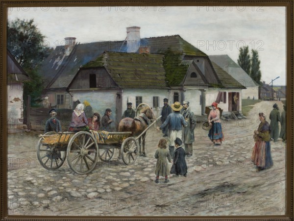 Street in Siennica, Podkowinski, Wladyslaw 1866–1895 painter, Young Poland style, 1891, painting, A village street scene with a group of people gathered around a horse hitched to a wooden cart in front of a row of thatched and shingled cottages; the cart and wheels are brown and gray, the horse is brown, and several people wear clothing in muted tones of blue, gray, brown, and black. A few women wear headscarves in white, red, and yellow, and one woman holds a basket while wearing a skirt with blue and red details. Two children stand together in the foreground wearing gray and dark coats. The cottages have roofs in shades of green and gray with white and off-white walls, and there are trees with dark green foliage behind them. The unpaved ground and cobblestone street are gray and brown, and the sky above is pale gray. The scene is enclosed in a brown frame.