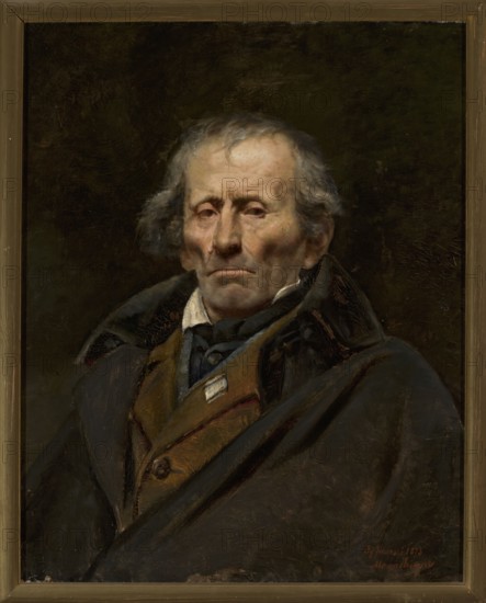 Study, Jasinski, Ignacy 1833-1878 painter; author, portraits, male portraits, academism style, old men, veterans, 1873, painting, height 73 cm, width 58.5 cm, A painted portrait of an older man shown from the chest up, with pale skin and gray hair, wearing a dark coat over a brown vest and a white collar; his expression is solemn and his gaze is forward. The background is dark olive and brown, and the painting is set within a simple brown frame. Visible colors include gray, brown, dark green, black, white, and muted flesh tones.