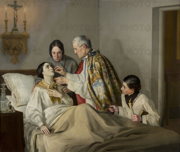 The Last Communion of the Dying Woman, Gorecki, Tadeusz 1825-1868 painter, Holy Communion, viaticum, priests, genre scenes, diseases, realism style, 1852, painting, height 165.5 cm, width 194.5 cm, A woman lies propped on pillows under a beige blanket wearing a white gown and a yellow scarf, a rosary resting near her hand, while an older man in a richly patterned multicolored robe and white sleeves leans toward her holding a small object near her face; a middle-aged woman in a gray plaid shawl stands behind the bed looking down, and a young person in a white garment with dark trim kneels at the bedside holding a metal vessel and a candle; the room has muted gray walls, a wooden bedside table with clear glass bottles, and a wooden crucifix with candles mounted on the wall, with colors including beige, white, yellow, gray, brown, gold, blue, red, and black.