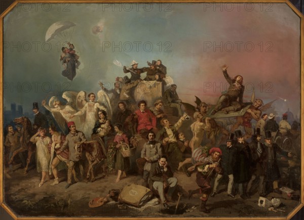 The Separation of Nations, Henryk Pillati 1832–1894, painter; allegory depicting artistic bohemia and painters; 1857; painting; oil on canvas; height 82 cm, width 114 cm., A large painted scene shows a crowded outdoor gathering with a muted sky blending blue, gray, pink, and mauve tones; many people occupy the foreground and midground wearing a variety of clothing in colors including brown, black, gray, red, pink, white, green, and beige. At left a small group includes a person with a horse and people in light dresses and darker coats, while nearby two large white-winged figures hover behind others. Toward center several seated and standing figures appear clustered around a man in a red jacket and a seated man in gray, with baskets and a brown cow at their feet and scattered items on the ground in earthy browns and muted greens. To the right a group of men in dark coats and top hats stand near a crouched figure in colorful striped clothing and a man being lifted on a platform by two ot...