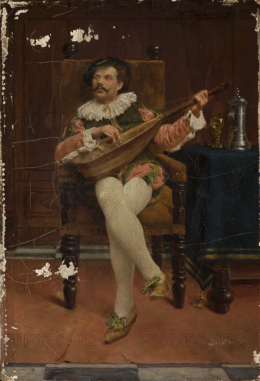 Lute Player, Trojanowski, Wincenty 1859-1928 painter, musical instruments, troubadours style, academism style, historicized costumes, lutes musical instruments, historicism style, male figures, 1877, painting, height 16 cm, width 11 cm, A seated man wearing a green and pink outfit with white ruffled collar and cuffs holds a lute; he has a dark hat and a mustache and beard, and his legs are crossed showing white stockings and pointed shoes with green decorations. He sits on a wooden chair with dark brown upholstery and turned legs, beside a dark blue cloth-covered table that holds a metallic pitcher and a glass with a yellowish liquid. The background features dark brown wooden paneling, and the floor is a reddish-brown color with a darker patterned border at the front; visible wear and light scuffs appear across the surface of the image.