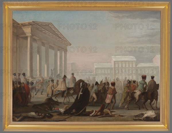 Retreat of Napoleon's Army, Gonsniewski fl. 1890–1920 author of the copy, Damel, Jan Krzysztof 1780–1840 author of the original, Napoleon's Grand Army, Town Hall Vilnius, Napoleonic Wars 1803–1815, military uniforms, Napoleonics, romanticism style, soldiers, multi-figure scenes, Napoleon's Russian campaign 1812, Napoleonic soldiers in the Russian campaign of 1812, ca. 1890–ca. 1920, painting, height 76 cm, width 101 cm, A framed painting shows a large classical building with tall columns on the left and a group of urban buildings in the background under a pale sky with gray and bluish tones; in the foreground there are a few people on horseback and a group of walking figures wearing cloaks and hats in muted reds, browns, greens, and dark blues, and several fallen figures lying on the ground near a dark cloak with a pale cross; there is a fallen brown animal near the center and another pale-colored animal near the right edge; the scene includes architectural stone colors, beige and tan ...