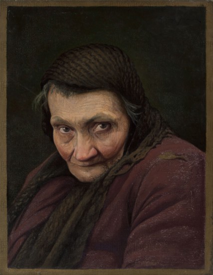 Portrait of an Old Woman, Grombecki, Henryk 1883–1933 painter, Young Poland style, portraits, female portraits, bust portraits, scarves, grey-haired women, three-quarter portraits, old age, 1916, painting, height 50 cm, width 39.5 cm, An older person with a lined face and pale skin wears a dark textured head covering and a thick scarf, their short hair peeking out slightly; their eyes look forward beneath heavy lids and their expression is somber. The clothing includes a deep burgundy or maroon outer garment with a few worn areas and a brownish scarf draped across the shoulders. The background is a dark, muted green transitioning to near black, and a narrow brownish border frames the scene. The visible colors include brown, dark green, maroon, pale flesh tones, and hints of gray.