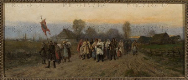 Village Procession - Pilgrimage, Streitt, Franciszek 1839–1890 painter, processions, pilgrimages, pilgrims, roads, village, landscapes, genre scenes, feretories, genre painting, priests, 1873, painting, height 17.5 cm, width 40 cm, A group of people walking along a dirt road in a rural landscape, wearing a variety of clothing including coats, shawls, and head coverings in colors such as brown, gray, white, red, blue, and beige; one person near the front carries a tall pole with a red flag, and others appear to carry bundles or wear cloaks. The scene shows a few simple buildings and fences set against a flat field and distant tree line, with a sky that transitions from pale gray to soft orange near the horizon. The overall palette includes muted earth tones of brown and green, with touches of red, blue, white, and gray.