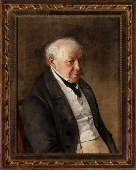 Portrait of Ksawery Bebnowski, the artist's father-in-law, captain of Kosciuszko's army; Jan Chrucki 1810–1885, painter; 1845; painting; Biedermeier / Romanticism; half-length, three-quarter, seated male portrait of an elderly, gray-haired/bald man wearing a frock coat, waistcoat and cravat; inscription/provenance: purchase; iconography: Ksawery Bebnowski., An older man with pale skin and thinning white hair is seated and turned slightly to the viewer’s right, wearing a dark coat over a light waistcoat and a black necktie; his expression appears calm and contemplative, and his face shows subtle red and pink tones. The background is a muted brown gradient. The frame around the portrait is ornate with gold and dark brown tones and a carved pattern. Several colors visible include dark gray, black, white, beige, brown, gold, pale pink, and hints of red.