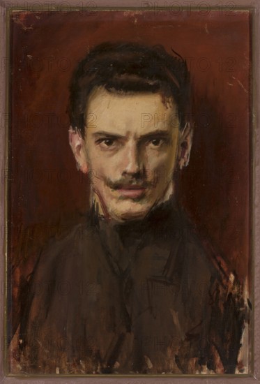 Self-portrait, Ignacy Marek 1874–1921; painter; portrait, modernism; male full-face self-portrait of a young artist; oil painting, height 60 cm, width 41 cm; end of the 19th century., A painted portrait of a man shown from the chest up against a deep reddish-brown background, featuring a pale skin tone with warm beige and pink highlights, dark hair, a narrow dark mustache, and dark eyes with a focused gaze; he wears a dark, loosely rendered garment in shades of brown and black, and the brushwork includes visible strokes and smudges in black, brown, red, and beige, with subtle hints of pink on the ears and lips.