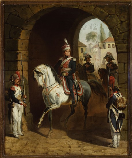 Entry of General Jan Henryk Dabrowski into Rome, Suchodolski, January 1797–1875 painter, Napoleonics, romanticism style, Dabrowski, Jan Henryk 1755–1818, Rome Italy, Dabrowski, Jan Henryk 1755–1818 - iconography, soldiers, horses, uniforms, before 1850, painting, height 73.5 cm, width 61 cm, A painted scene showing an arched stone gateway with warm brown and ochre stones framing a dark interior and a sunlit exterior beyond; in the foreground a man in a dark military uniform with red and gold trim and a feathered hat sits upright on a white horse with grey shading and ornate red and gold tack, the horse lifting a foreleg; two soldiers in blue coats with white trousers and red plumes stand guard at either side of the arch holding long rifles, one viewed from the front and one from behind with a brown pack; in the background through the arch several mounted and unmounted figures in darker uniforms and hats are gathered near pale buildings with red roofs and a few small trees, and the pale...