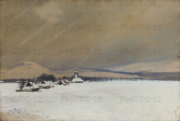 Winter Landscape from Zywiec, Julian Falat 1853–1929, painter; 1909; painting; oil on canvas; Young Poland style; landscapes; height 66 cm, width 98 cm., A snowy landscape under a broad cloudy sky with tones of brown, beige, gray, blue, white, and hints of black; a wide expanse of white snow fills the foreground leading to a small clustered village at the horizon with a group of dark trees and several roofs covered in snow, and a church tower rising above the roofs; distant rolling hills blend into the sky with muted beige and bluish-gray layers, and the scene has scattered dark accents around the buildings and trees.