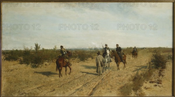 Insurgent Patrol, Maksymilian Gierymski 1846–1874, oil painting, 1873. Depicts insurgents/peasant soldiers on horseback riding along a road in a landscape; Munich School style; related to the January Uprising 1863–1864., A landscape painting showing a sandy, light-brown terrain with patches of green shrubs and low vegetation under a pale blue-gray sky; several figures in muted-colored clothing and coats are on horseback and on foot, with horses in brown and white tones; one central figure on foot wears a long coat and a hat and holds a staff while facing mounted figures; the mounted figures wear darker coats and caps and carry long rifles; a few tracks and shadows are visible in the sand, and there is a narrow path leading into the distance flanked by scattered bushes in greens and brownish hues; the scene is bordered by a thin frame in a metallic brown-gold color.