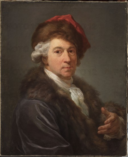 Self-portrait in a confederate hat, Marcello Bacciarelli 1731–1818, painter; self-portraits; portraits of artists; confederate hat headgear; School of Fine Arts Warsaw; 1844–1864 — 1793; painting; height 70.5 cm, width 57.5 cm, A painted portrait of an adult wearing a fur-trimmed coat and a light scarf around the neck; the subject has light skin, pale grayish-white hair at the sides, and darker brown hair on top partially covered by a red cloth or hat. The face shows a neutral expression with visible eyes and a slightly turned head. One hand is raised with fingers relaxed and visible, while the other arm is folded or resting, draped in a dark garment with a soft, velvety texture. The background is a muted gray, and the visible colors include brown, red, gray, white, cream, and flesh tones.