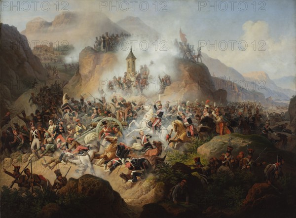 The Battle of Somosierra, Suchodolski, January 1797–1875 painter, Napoleonics, Romanticism style, Somosierra Spain, soldiers, battles, cavalry, village chapels, Kozietulski, Jan Leon 1778–1821 — iconography, battle scenes, multi-figure scenes, horses, uniforms, army of the Duchy of Warsaw in 1807–1815, Napoleonic Wars 1803–1815, The Battle of Somosierra 1808, 1860, painting, A large, dramatic scene shows a chaotic battle in a rocky, mountainous landscape with a pale blue sky and soft clouds; the foreground and middle ground are crowded with soldiers, horses, and cannon amid swirling white smoke. Soldiers wear varied uniforms with dark blues, reds, greens, browns, and beige tones, and several have distinct headgear in black and red; some figures are on horseback in shades of white, tan, and brown while others are on foot. Rock formations and cliffs in warm browns and ochres rise behind the fighting, and a small stone tower or chapel sits partially surrounded by smoke on a rocky outcrop....