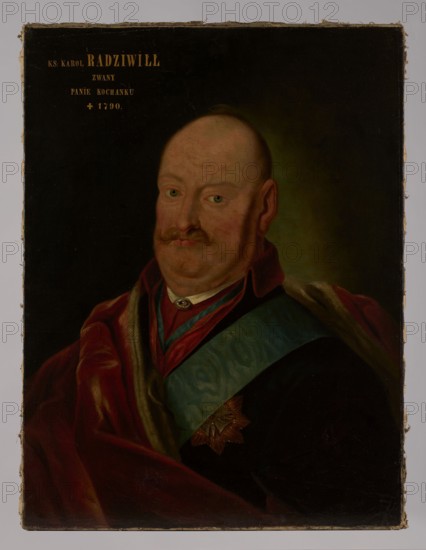 Portrait of Charles II Stanislaw Radziwill 1734–1790 called Mr. Lover, unknown painter after Konstanty Aleksandrowicz fl.1777–1794. Shown in bust, turned 3/4 to the left with blue eyes looking directly at the viewer: a middle-aged, stout man with a bald head, sagging cheeks, a lined face, a curled tawny mustache, a long straight nose, and three chins. Dressed in a red zupan and a dark blue kontusz with a red collar, wearing the star and ribbon of the Order of the White Eagle; a dark raspberry cloak lined with ermine fur is thrown over his shoulders. Background smooth, grayish-greenish, lightened in green near the head. In the upper left corner an inscription in white paint: FR. KAROL RADZIWILL | CALLED | MR. LOVER | + 1790. 1st half of the 19th century 19th century, Poland. Painting; height 72.4 cm, width 54.5 cm; with frame: height 80.5 cm, width 63 cm, thickness 6 cm., A painted portrait of a man shown from the chest up against a dark background, featuring flesh tones in his face and...
