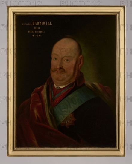Portrait of Charles II Stanislaw Radziwill 1734–1790 called Mr. Lover, unknown painter after Konstanty Aleksandrowicz, fl. 1777–1794. Shown in bust, turned 3/4 to the left, blue eyes looking directly at the viewer: a middle-aged, stout man with a bald head, sagging cheeks, a lined face, a curled tawny mustache, a long straight nose, and three chins. Dressed in a red zupan and a dark blue kontusz with a red collar, wearing the star and ribbon of the Order of the White Eagle; a dark raspberry cloak lined with ermine is thrown over his shoulders. Background smooth, grayish-green, lightened in green near the head. Inscription in upper left in white paint: “FR. KAROL RADZIWILL | CALLED | MR. LOVER | + 1790.” Dated 1st half of the 19th century 19th century, Poland. Oil painting; sight: 72.4 × 54.5 cm; with frame: 80.5 × 63 × 6 cm., The image shows a painted portrait of a middle-aged man with a pale complexion, a bald head, small greenish eyes, a mustache, and flushed cheeks. He is dressed in...