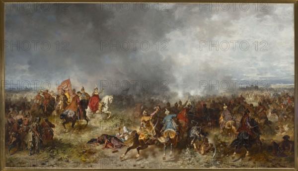 Chodkiewicz near Chocim, Brandt, Józef 1841-1915 painter, battle scenes, battle painting, Rau, Wilhelm 1825-1899, Turks, historical painting, commanders, Munich School, weapons, sabres, Chodkiewicz, Jan Karol 1560-1621 - iconography, riders, panoramic views, Lisowczycy. The painting by the 19th-century battle painter Józef Brandt presents an episode from the history of Poland: the great battle won by the Polish army against the Ottoman Empire at Chocim in 1621. Outstanding example of Brandt's mastery of battle painting. 1867; oil on canvas; 190 × 337 cm., A large painted scene fills the frame showing a chaotic battle on open ground under a cloudy sky. In the foreground there are mounted figures and fallen figures on the grass, with several horses in motion and a group of riders wearing varied garments and armor, including cloaks and helmets; one rider in the left center wears a bright red cloak while another nearby wears a yellow garment. The central area contains riders on brown, blac...