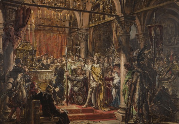 Coronation of the first king, from the series History of Civilization in Poland, Jan Matejko 1838–1893, 1889; painting; depicts Boleslaw the Brave King of Poland, ca. 967–1025 — iconography, Mieszko II Lambert King of Poland, 990–1034, Saint Adalbert ca. 956–997, conquest of Kiev 1018; height 79 cm, width 105 cm., A crowded interior scene shows a group of people gathered around a raised platform beneath arches and columns, with a few figures standing on the platform wearing ornate robes and crowns and a few kneeling before them. The space contains a mix of warm browns, deep reds, muted golds, dark greens, and touches of black and white; a rich red drapery hangs in the background and a red carpet runs up the steps. Several stone columns and arches frame the scene, and a few chandeliers or candelabras hang from above with golden highlights. To the left there is a gilded decorative structure with intricate detailing, and a few seated and standing figures cluster beside it. On the right a ...