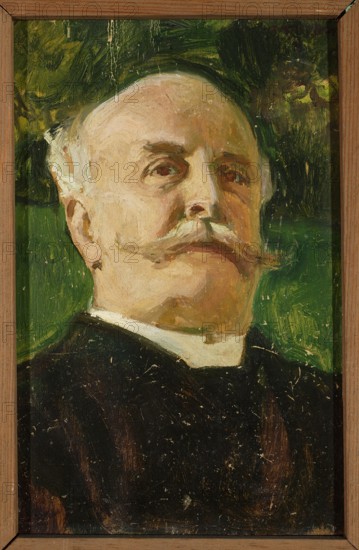 Portrait of Juliusz Kossak, Mehoffer, Józef 1869–1946 painter, portraits, portraits of artists, male portrait, mustache, Kraków Lesser Poland Voivodeship, Young Poland style, Kossak, Juliusz 1824–1899, Kossak, Juliusz 1824–1899 - iconography, old age, before 1899, painting, height 23.5 cm, width 15.5 cm, A painted portrait of an older man with a pale complexion, a bald head with some white hair at the sides, and a prominent white mustache, shown from the chest up and wearing a dark jacket with a white collar; the background is predominantly green with visible brushstrokes and areas of darker green and yellowish green, and the painting is set within a narrow wooden frame that is brown.