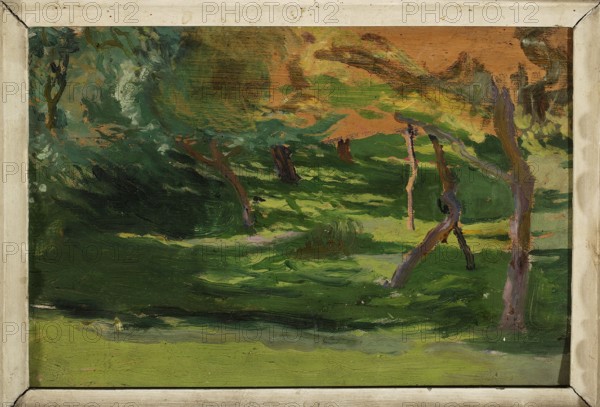 Landscape, sketch for Strange Garden, Mehoffer, Józef 1869–1946 painter, trees, sketches, Kraków Lesser Poland Voivodeship, gardens, Young Poland style, landscapes, 1902–1903, painting; dimensions: 16 × 23.8 cm; with frame: 27.5 × 35.4 × 4.5 cm PMID, A painted scene of a grassy landscape with a group of trees, showing broad brushstrokes and thick paint. The dominant colors are various shades of green, with darker green in shadowed areas and lighter green in sunlit patches, plus touches of brown and ochre in the tree trunks and canopy, and hints of purple and muted orange in some branches. The composition is framed by a pale, worn frame that is off-white and beige, with visible scuffs and corner joints. The foreground shows a stretch of lighter green ground, while the middle and background contain darker greens and layered foliage, with several slender trunks and leaning branches breaking the green fields. The paint texture is visible, with swirling strokes and areas of blended color cr...